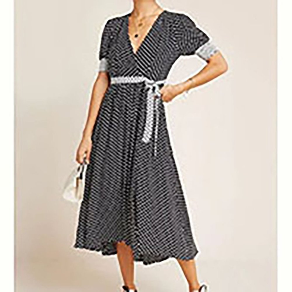 Anthropologie Maeve faux wrap black white midi dress 4 petite uk 8
